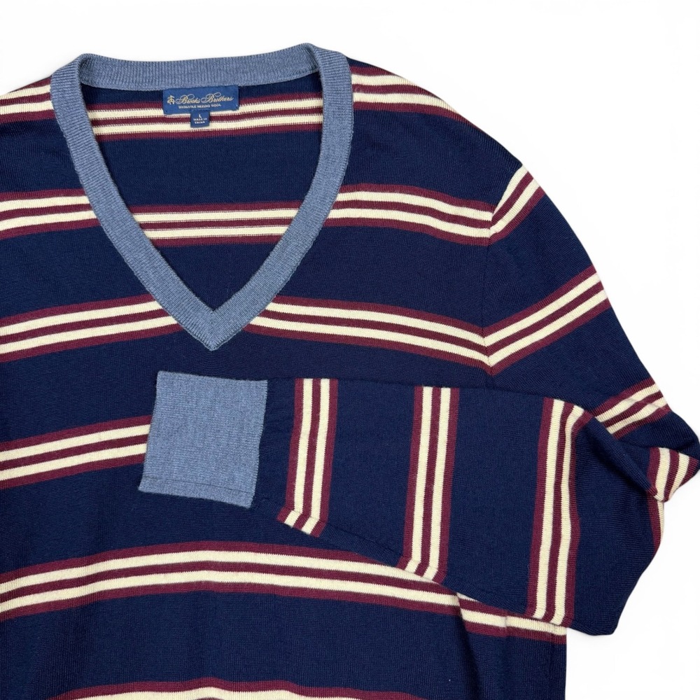 Brooks Brothers Mens Washable Merino Wool V-Neck Striped Sweater Navy Blue Large